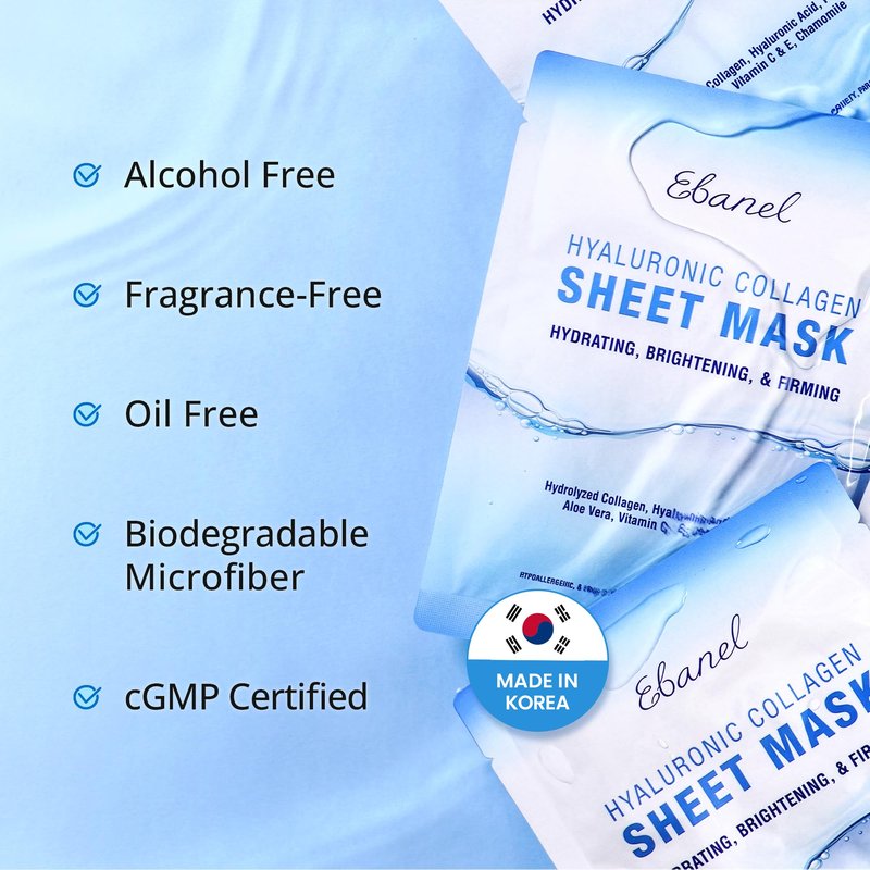 Ebanel 10 Pack Collagen Face Mask with Hyaluronic Acid, Vitamin C, Peptide, Aloe, Instant Brightening Hydrating Face Masks Skincare Korean Sheet Mask, Skin Firming, Lifting Anti Aging Facial Masks