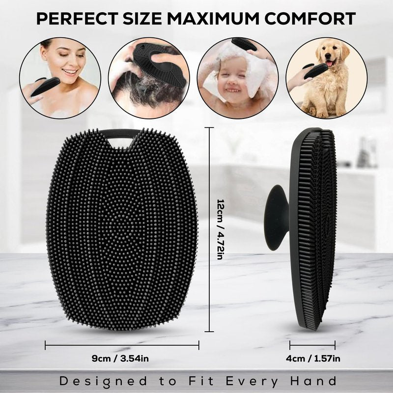 LauTus1 Silicone Body Scrubber — Suction Cup Mount & Hook, Gentle Exfoliating Shower Brush, Soft Loofah Alternative for Men, Women & All Skin Types — Graphite Black