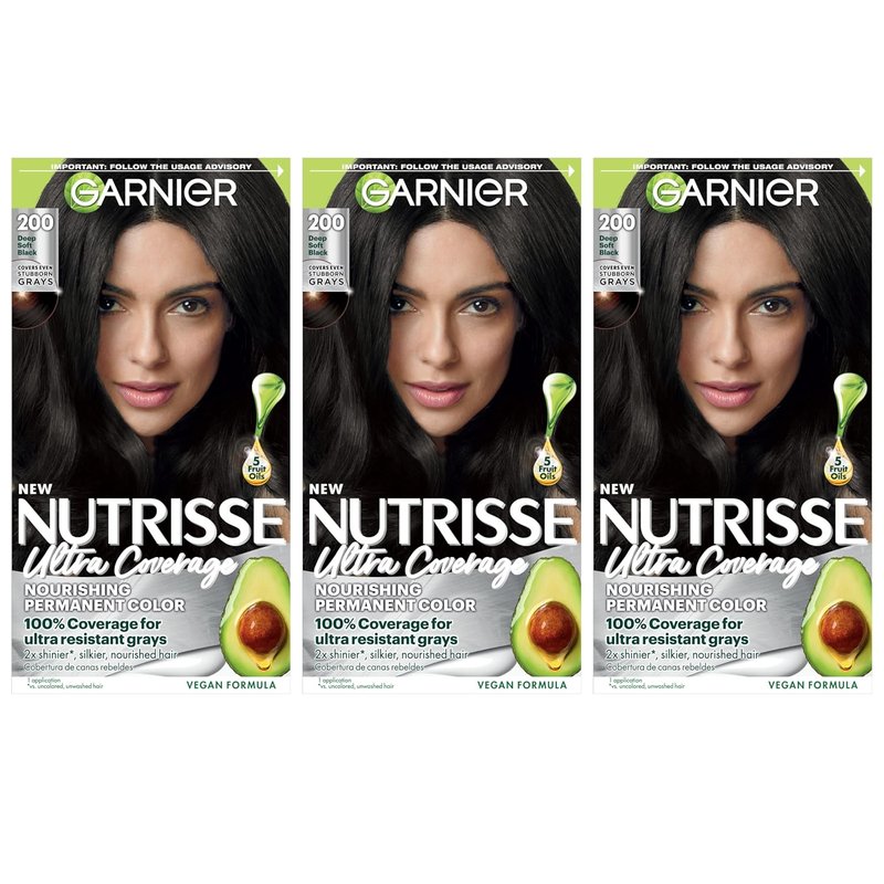 Garnier Nutrisse Ultra Coverage Hair Color, Permanent Hair Dye for Up to 8 Weeks of Stubborn Gray Coverage, Vegan & Cruelty-Free, 200 Deep Soft Black (Black Sesame), 3 Count