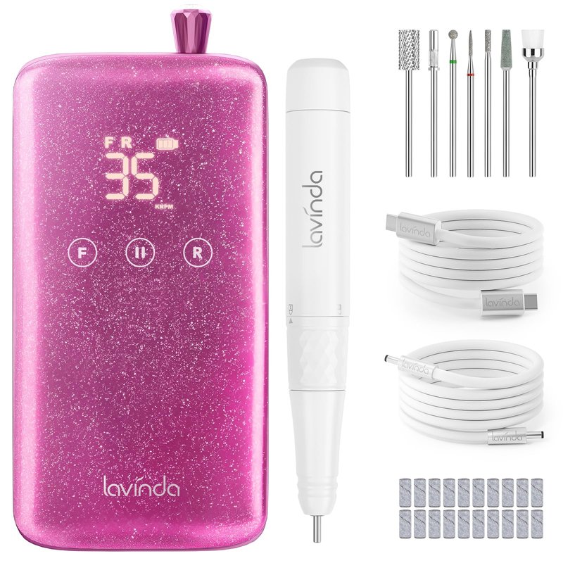 Lavinda Professional Nail Drill - 35,000 RPM Rechargeable Electric Nails File with Cordless Motor, Fast Charge & 3000mAh, 8-Piece Nail Drill bits Set for Manicure/Pedicure (Sparkling Pink)