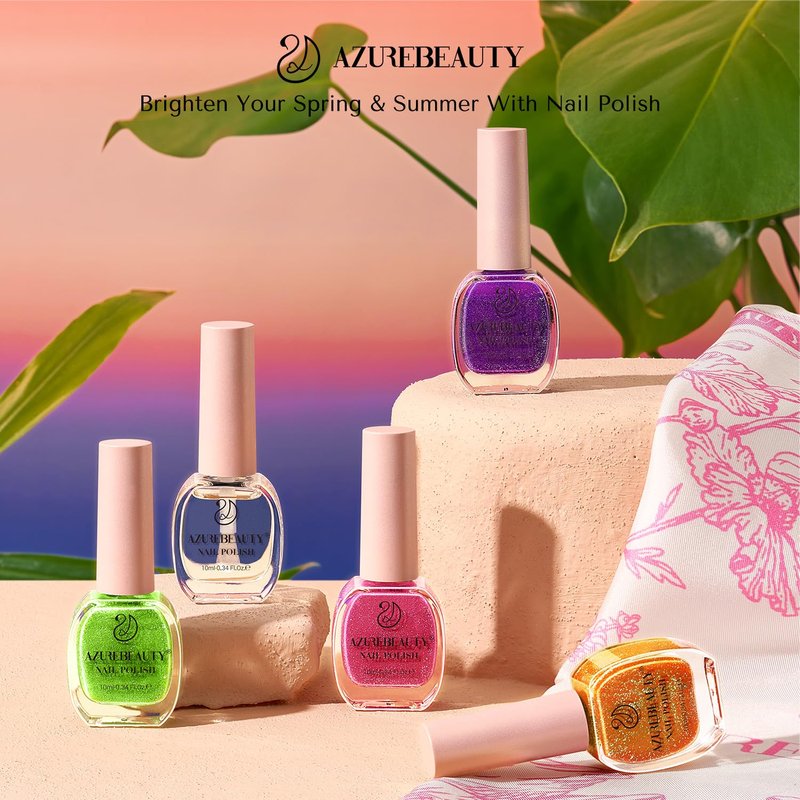 AZUREBEAUTY Nail Polish Set, 4 Colors Flash Reactive Shimmer Glitter Neon Pink Orange Green Purple Spring Summer Long Lasting Quick Dry Natural Fingernail Lacquer Strengthening Kit with Top Coat