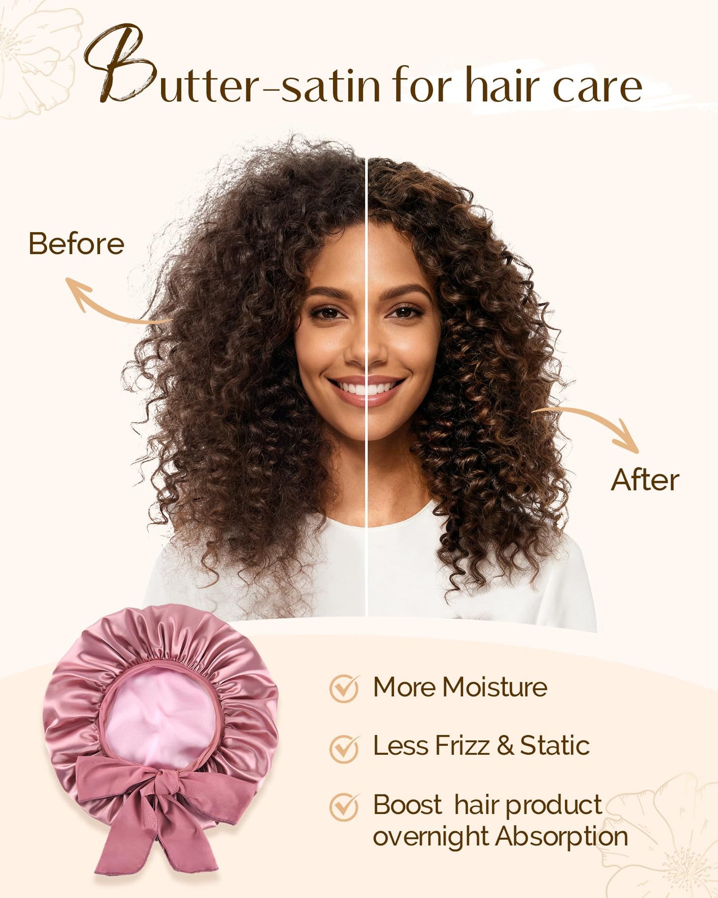 YANIBEST Adjustable Double Layer Satin Bonnet, Silk Hair Bonnet for Sleeping with Elastic Tie Curly Natural Hair Reduce frizz, Beanpaste Pink
