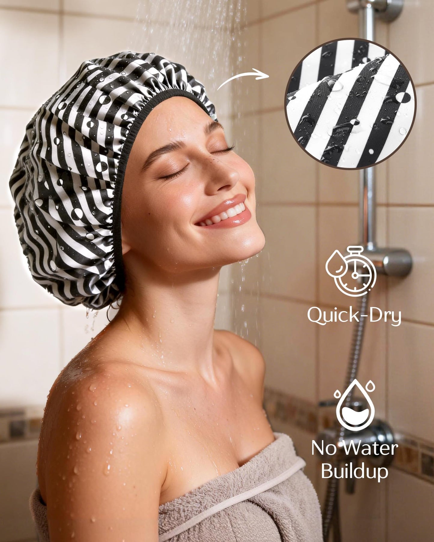 Yanibest Shower Cap for Women - Frizz Free Satin Lined Shower Cap Waterproof Large Double Layer Reusable with Soft Elastic Band for Braids Long Hair