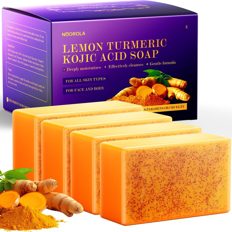 NOOROLA Lemon Turmeric Kojic Acid Soap, 4 Pcs Turmeric Soap Bar Infused with Hyaluronic Acid, Vitamin C，E, Shea Butter for Face & Body Deeply Clean, 3 Foam Nets