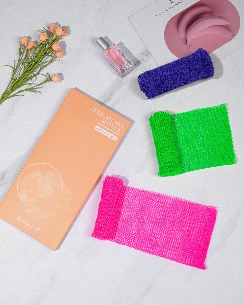MTDLYICE African Net Sponge 3 Pack, Back Scrubber for Shower, XL 80CM Exfoliating Washcloth, African Net Sponge Authentic, Body Scrubber exfoliator Bath Accessories (Blue,LightGreen,Pink)