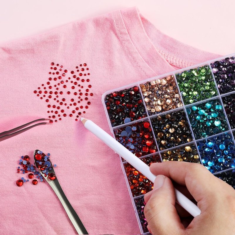 Hotfix Rhinestones - 24 Color Mixed Craft Gems with Tweezers, Wax Pencil & Scoop | Multi-Sized Crystals