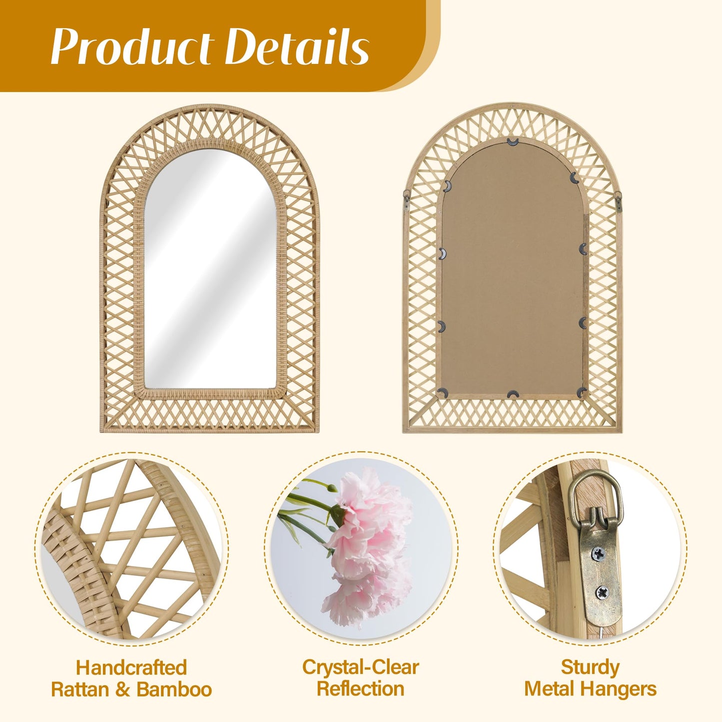 Synovana Arched Rattan Wall Mirror – 24x36 Inch Boho Elegance with Woven Frame, Decorative Mirror for Bathroom Vanity Entryway Living Room