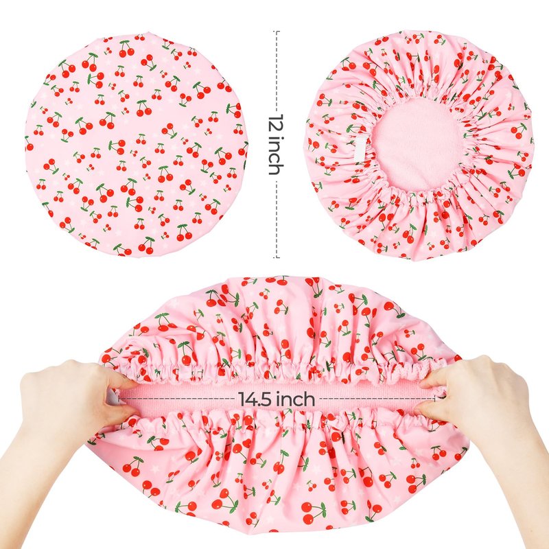 Shower Cap for Women Terry Lined Bath Cap Large Reusable Waterproof Elastic Band Pink Shower Caps for Long Thick Hair Soft Bath Shower Hair Caps