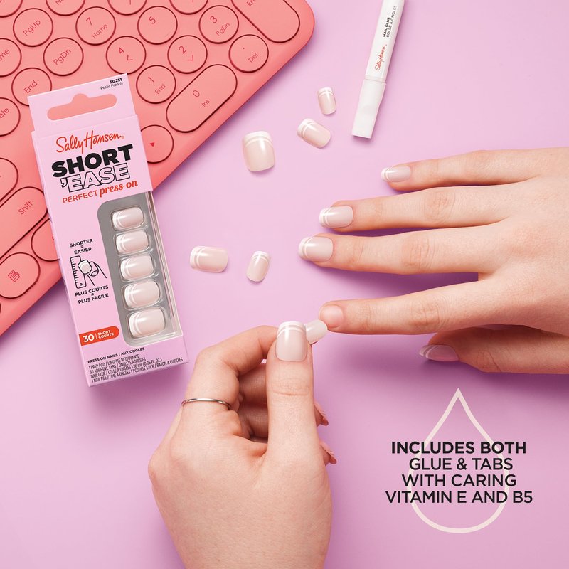 Sally Hansen Salon Effects Perfect Press-On Short'Ease Nails | Square Shape | Easy to Apply, Non-Damaging, Natural Look Vitamin E & B5 | 30 Nails, Nail Glue, Adhesive Tabs, File| Petite French
