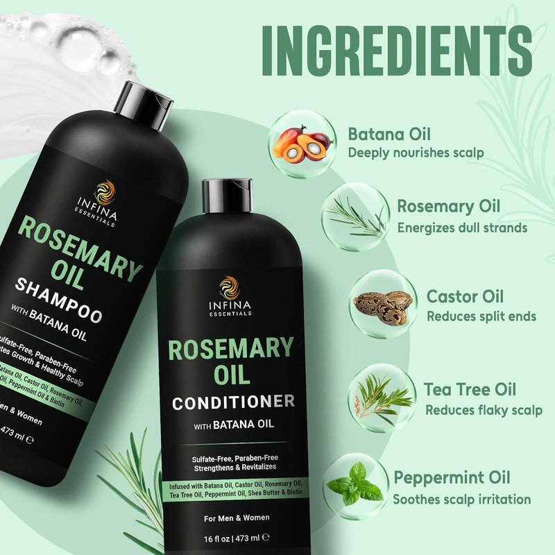 Rosemary Oil Shampoo and Conditioner Set - Sulfate-Free Thickening Formula with Batana Oil & Biotin | 16 fl oz Each | For Thinning Hair