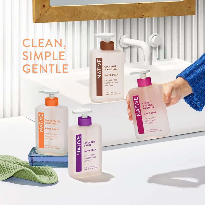 Native Liquid Hand Soap, Sweet Peach & Nectar Scent, Non-Drying Formula for Soft, Smooth Hands, Made with Plant-Based Cleansers, Sulfate & Paraben Free, 13 oz Bottle