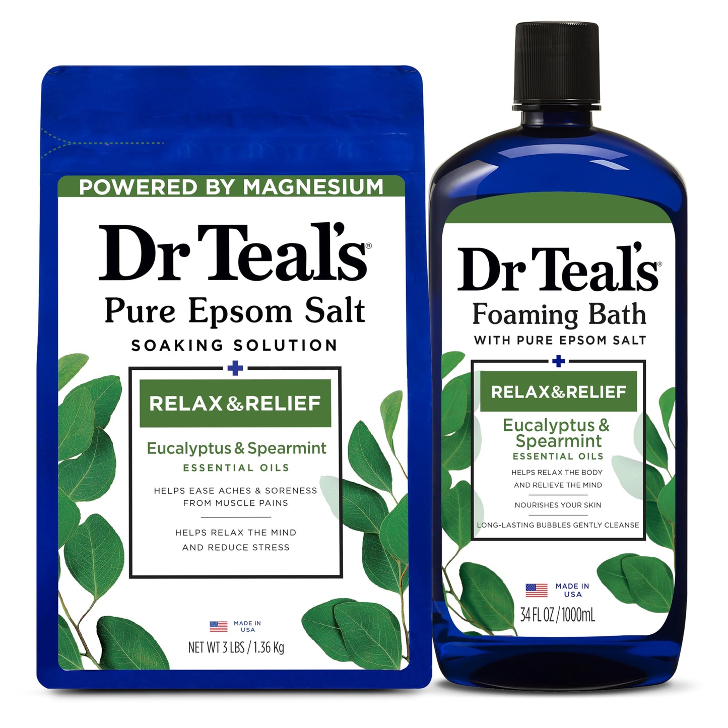 Dr Teal's Pure Epsom Salt Soak and Foaming Bath, Relax & Relief with Eucalyptus & Spearmint, Combo Pack