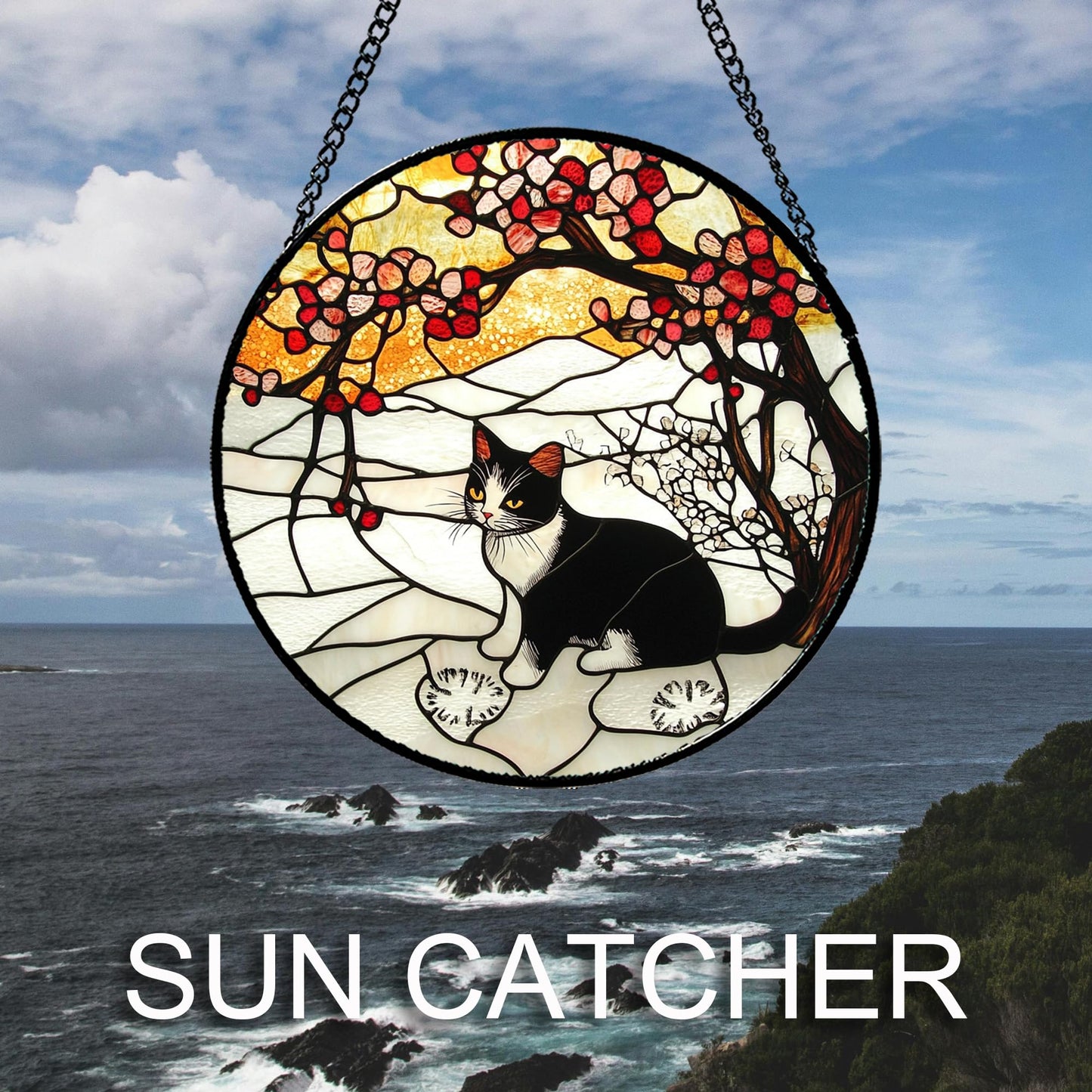 GEFOS Stained Glass Window Hanging Black and White Cat in The Snow Large 15" - Suncatcher Door Garden Sun Catcher Home Decor Birthday Christmas for Cat Lovers Mom Men Woman Nana