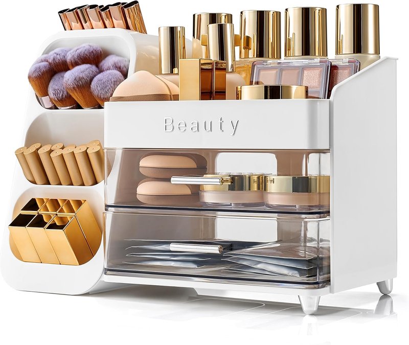 Skiennix Makeup Organizer - Spacious Vanity Storage with Brush Holder & Drawers for Cosmetics