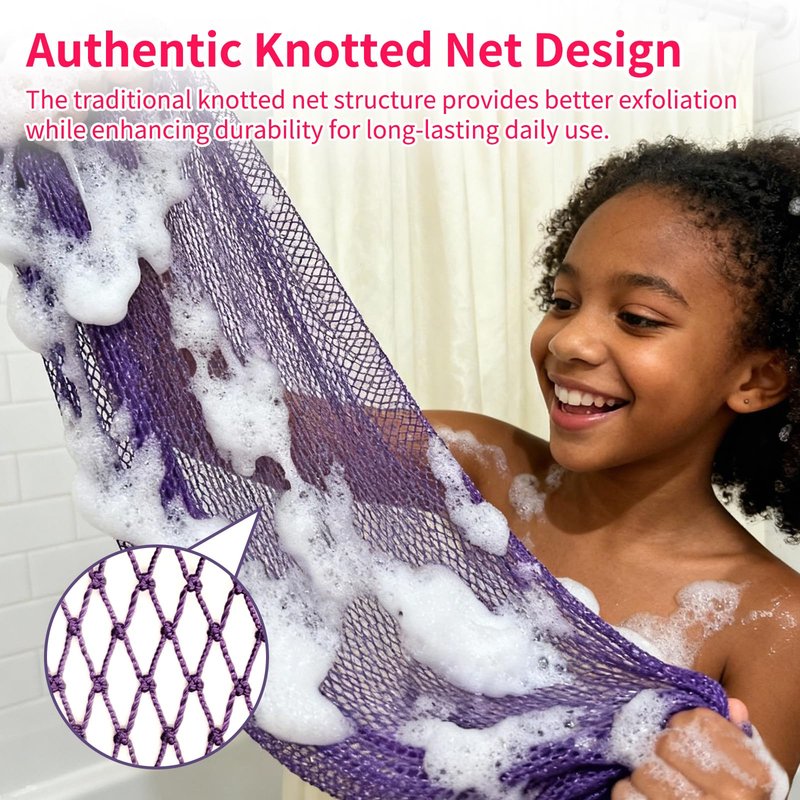 Authentic African Net Sponge,Extra Rough Scrubber,Travel Sponge,Long Stretch Body&Back Scrubber up to 47 Inches,Quick-Drying Exfoliating with Zipper Pouch (Purple/Pink)
