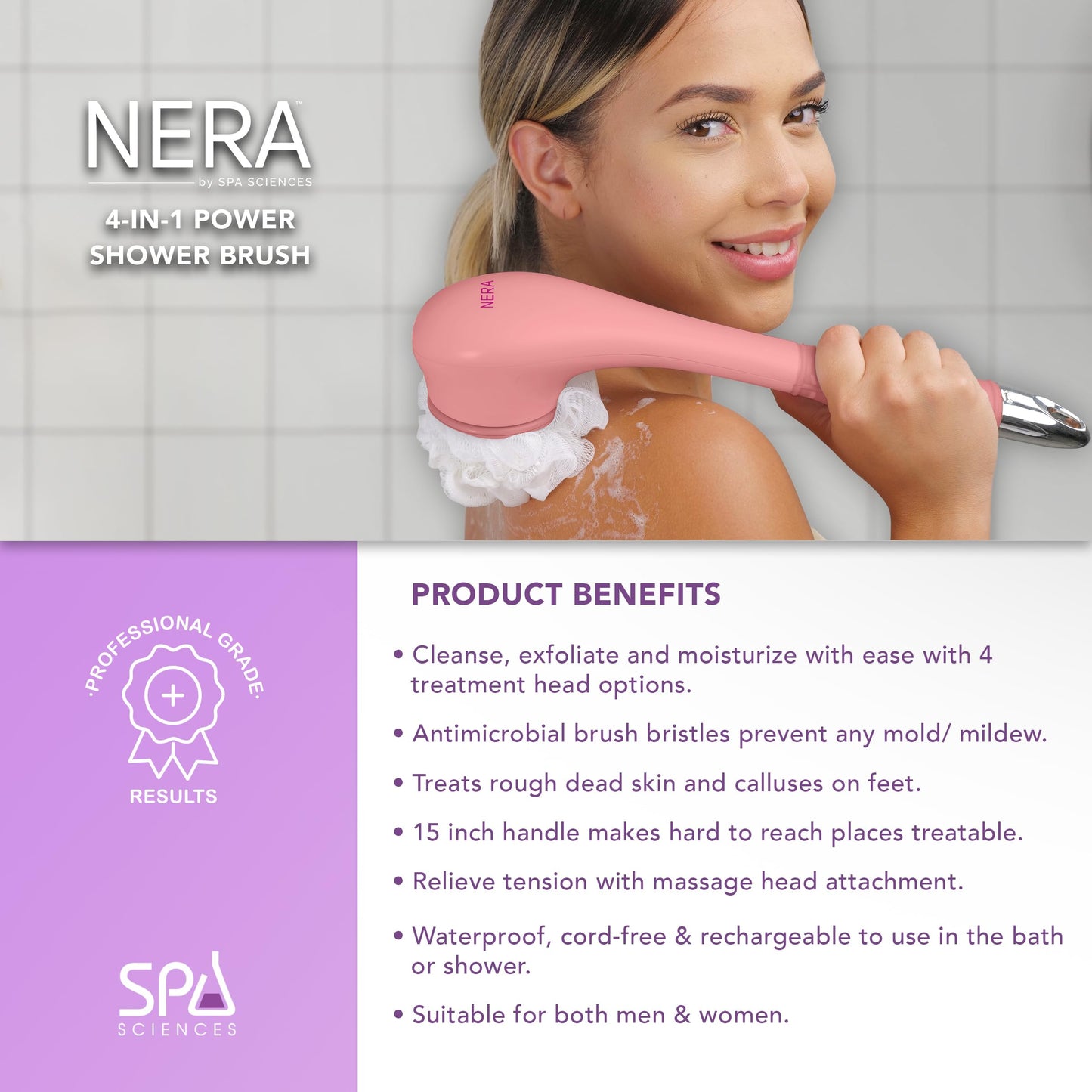 Spa Sciences - NERA - 4-in-1 Shower/Bath Body Brush for Exfoliation, Deep Cleansing, Foot Care, Lotion Infuser, and Massage