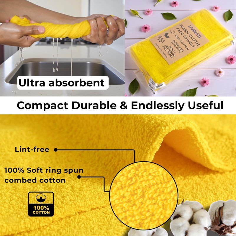 LIVINATI Yellow 100% Cotton Wash Cloths for Showering Body and Face - 12"X12" 6 Pack Washcloths - Small Terry Towel Bath Rags for Adults and Kids Bathroom - Soft Absorbent