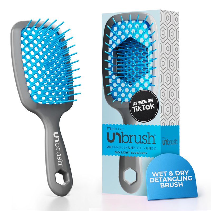 FHI Heat UNbrush Detangling Brush for Pain-Free Brushing on All Wet or Dry Hair Types — Durable DuoFlex Anti-Static Bristles, Lightweight Handle, Vented Hair Brush, Light Blue/Grey