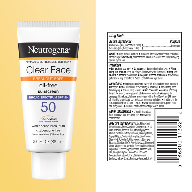 Neutrogena Clear Face Sunscreen Lotion for Acne-Prone Skin, Broad Spectrum SPF 50, Sunscreen for Face & Oily Skin, Oil-,Fragrance- & Oxybenzone-Free, Water Resistant, Matte, Unscented, 3 Fl Oz