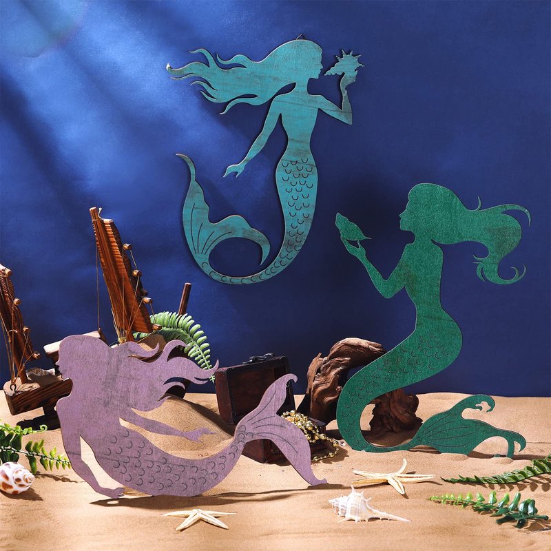 Qunclay Set of 3 Mermaid Wall Bathroom Decor Wooden Silhouettes Mermaid Art Hanging Farmhouse Ocean Themed Wall Decorations for Bedroom Room Accessories Rustic Elegant