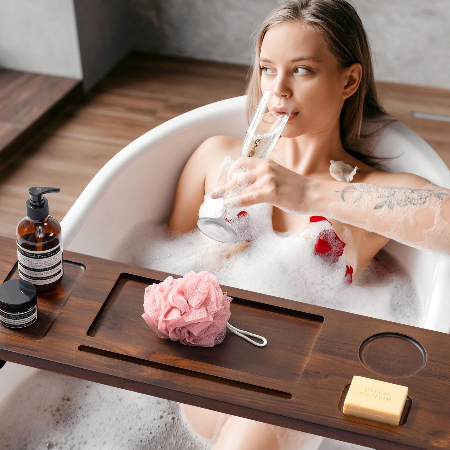 Realgulf Teak Bathtub Tray for Freestanding Tubs - 35" Heavy-Duty Luxury Bath Caddy, Non-Slip Zero-Wobble Design, Water-Resistant Spa Organizer with Wine Glass & Phone Holder