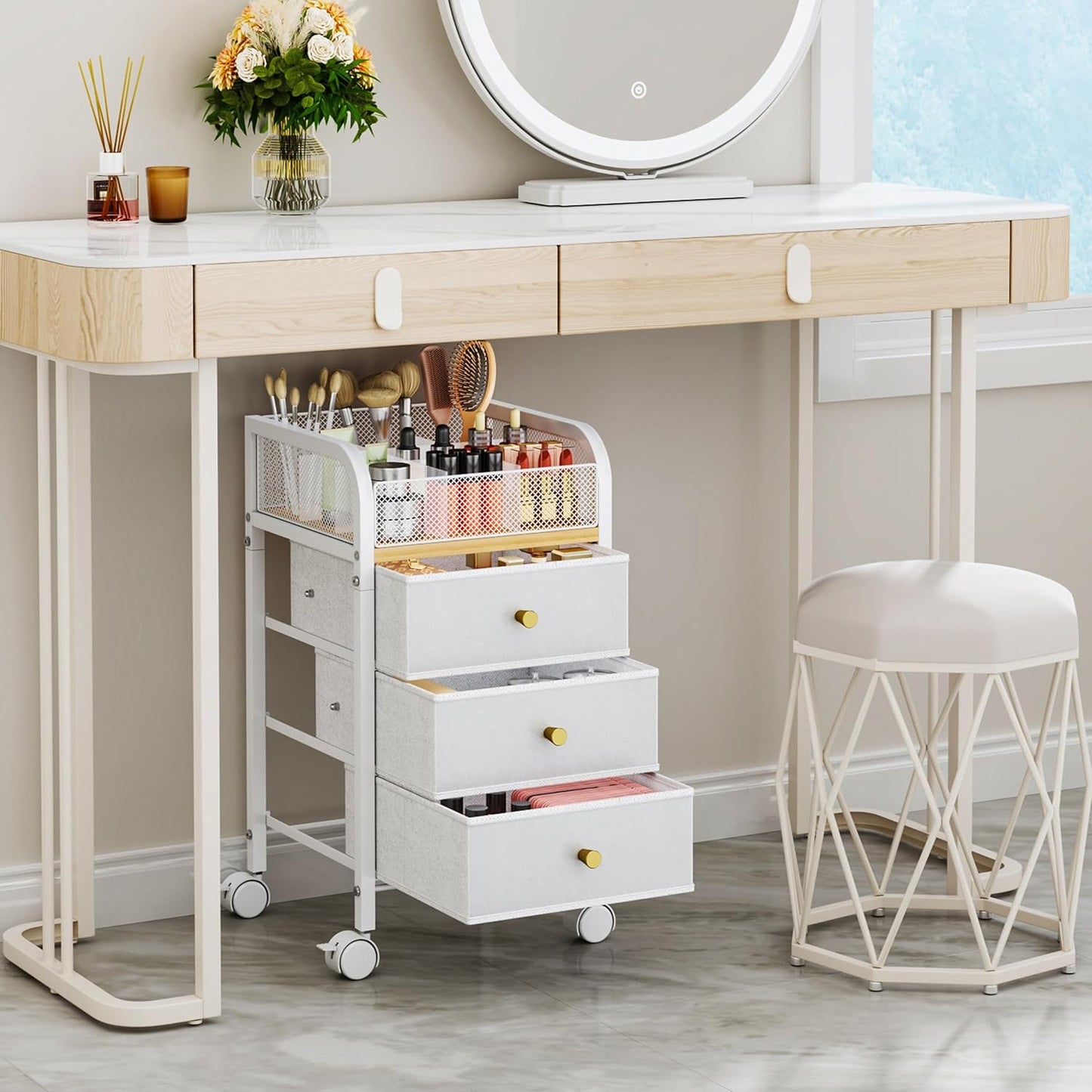 SWTYMIKI Rolling Makeup Organizer Cart - Under Desk Vanity Storage with 3 Drawers | Perfect for Cosmetics & Tools