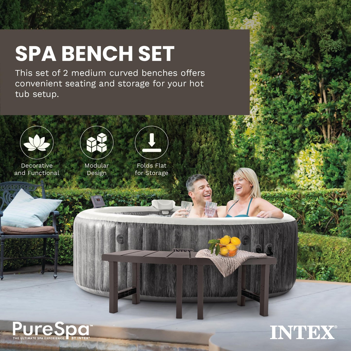 Intex 28514E 2 Medium PureSpa Accessories Benches, Compatible w/ 4 Person Spas, Combines to Create A Larger Bench, Flat Storage, 350 Pound Capacity