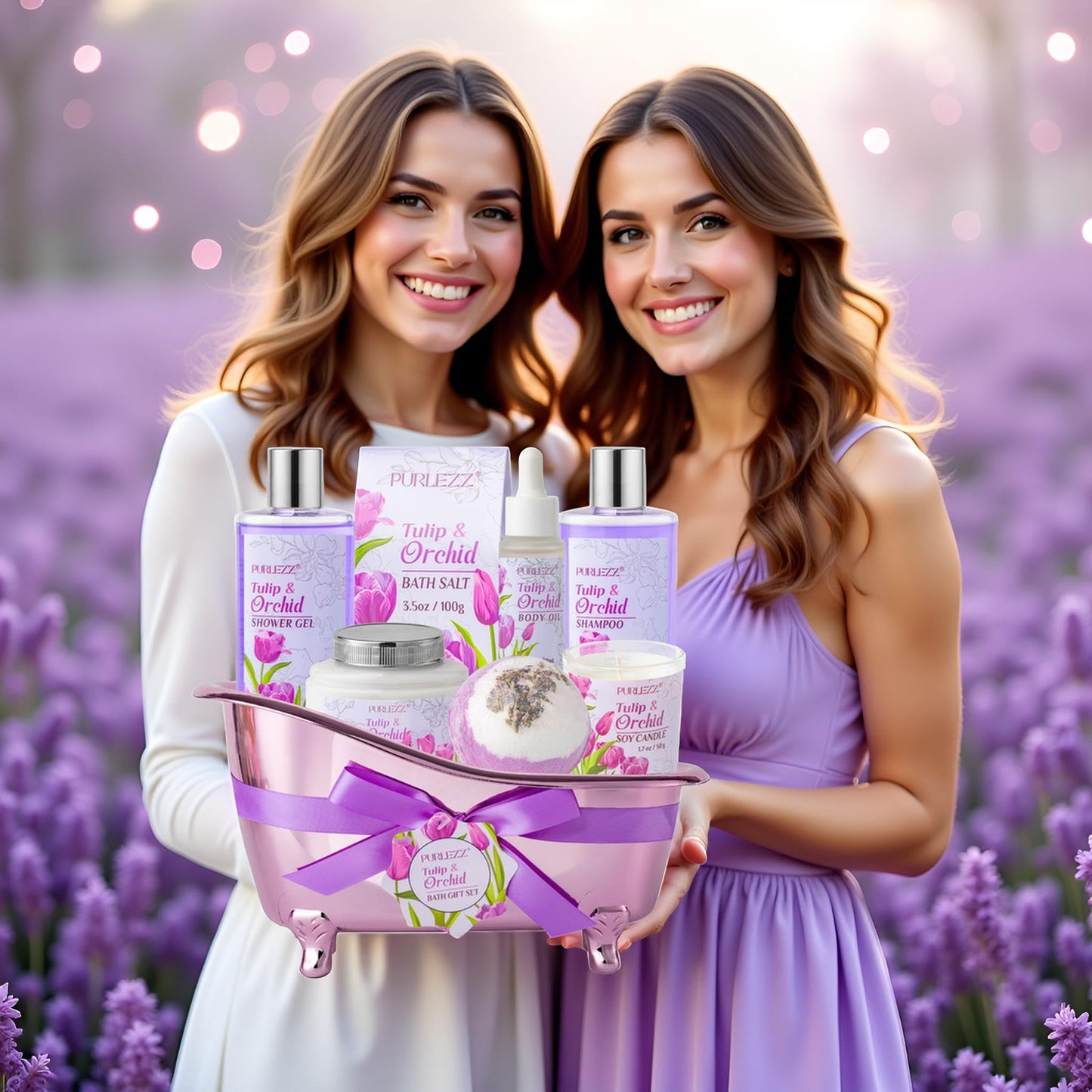 Tulip & Orchid Mother's Day Gifts for Women, Bath and Body Gift Basket, Spa Gift Basket, Spa Kit, Self-Care Set, spa kit for women gift set, Birthday, Christmas, Mom Gift, Anniversary, bath gift set