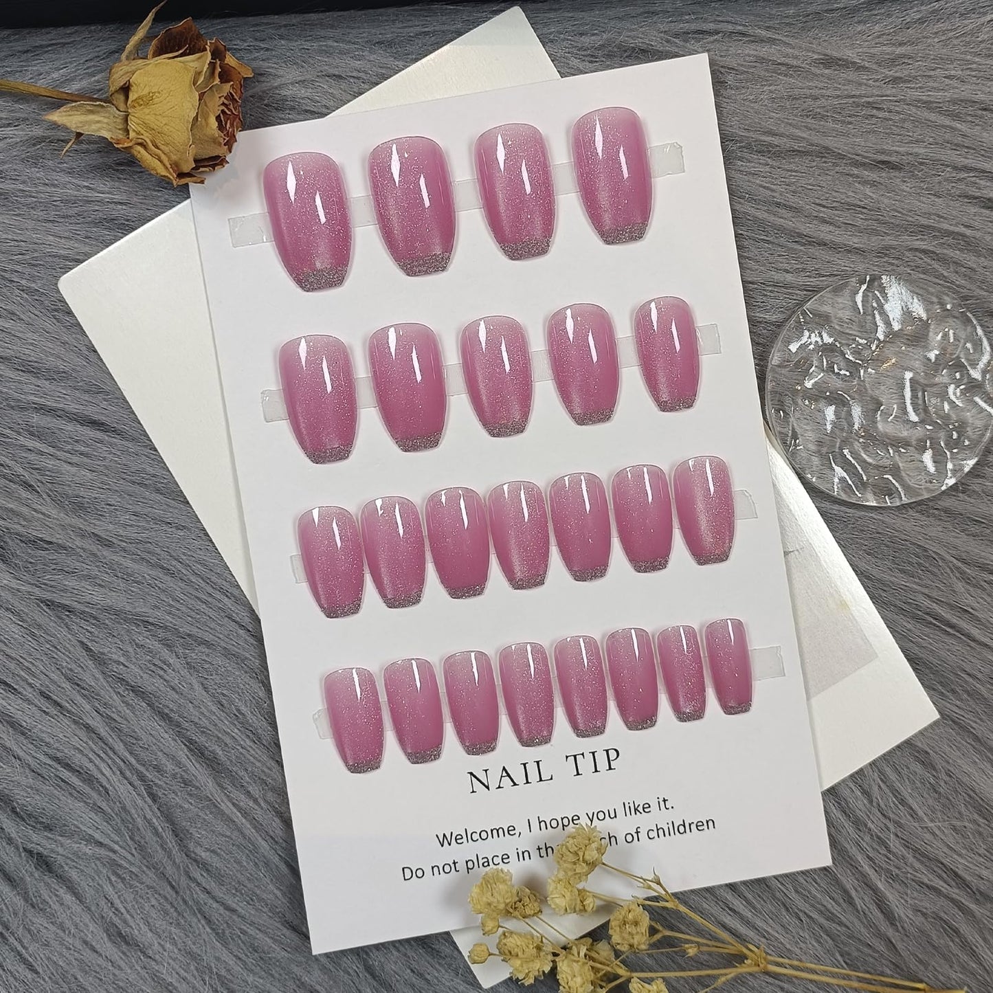 TENPAL Ballet Press on Nails Medium,Pink Cat Eye Glow & Negative Space French Tips False Glue on Nails,Prism Dust Glitter Fake Nails Kit,Y2K Minimalist Nail Art with Tools,Reusable 24pcs Glossy Nails