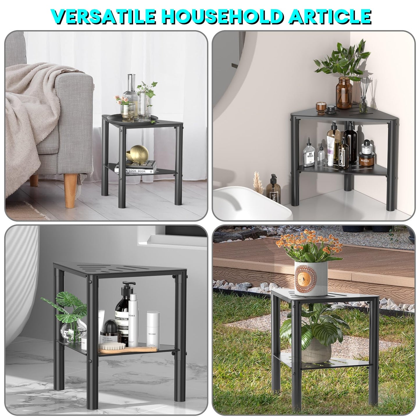 YAJONUE Shower Stool for Shaving Legs, Shower Step Stool for Inside Shower, Non-Slip Spa Shower Foot Rest Stool, Corner Bathroom Shower Bench Bath Seat with Storage Shelf for Small Shower Spaces