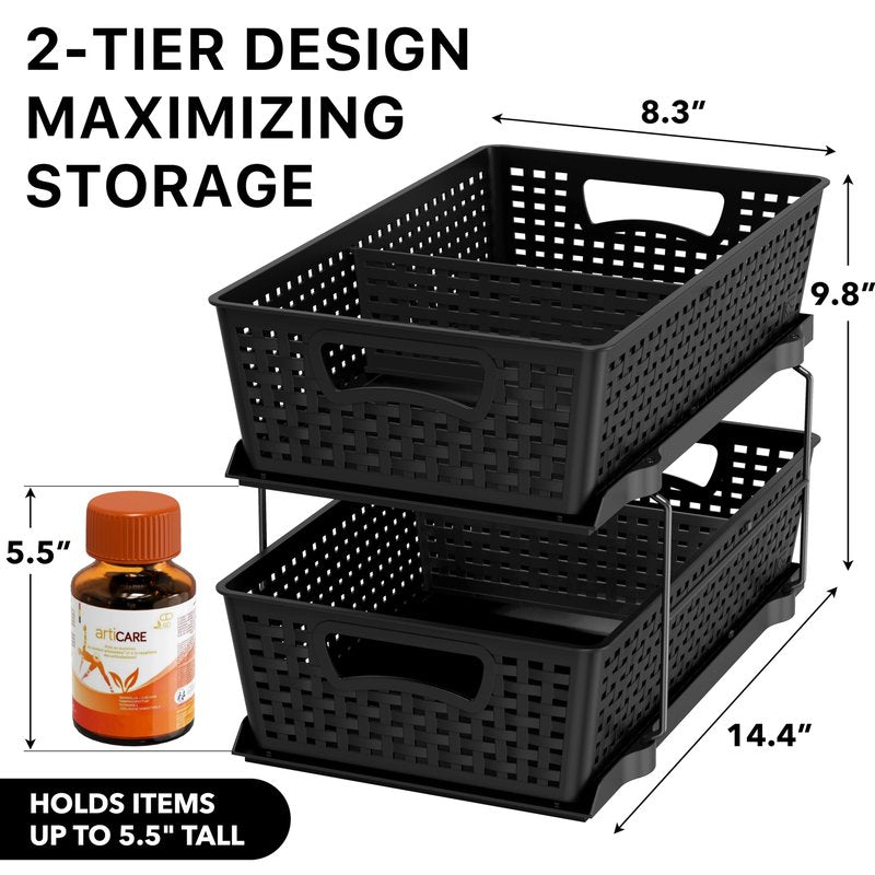 Simple Houseware 2 Tier Bathroom Organizer Tray Pull-Out Sliding Drawer, Under Sink Storage, Black