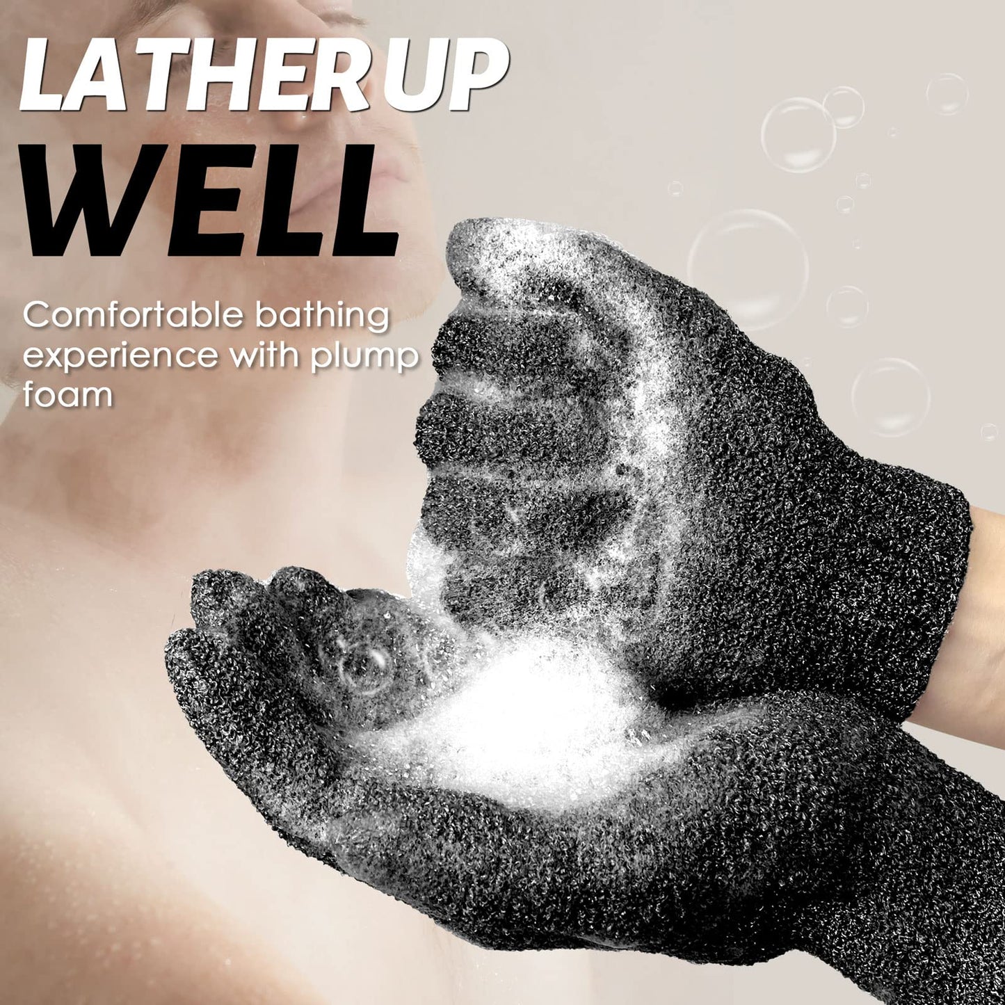 MIG4U Exfoliating Shower Gloves 2 Pairs, Bath Scrub Glove Medium to Heavy Body Dead Skin Removal, Deep Exfoliate Sponge Loofah for Women and Men, Black
