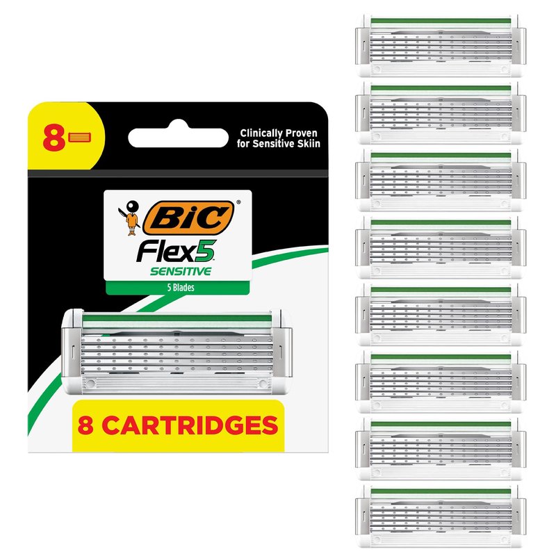 BIC Flex 5 Sensitive Men's 5-Blade Razor Refills, Clincally Proven for Sensitive Skin, 8 Refill Cartridges, 8-Pack