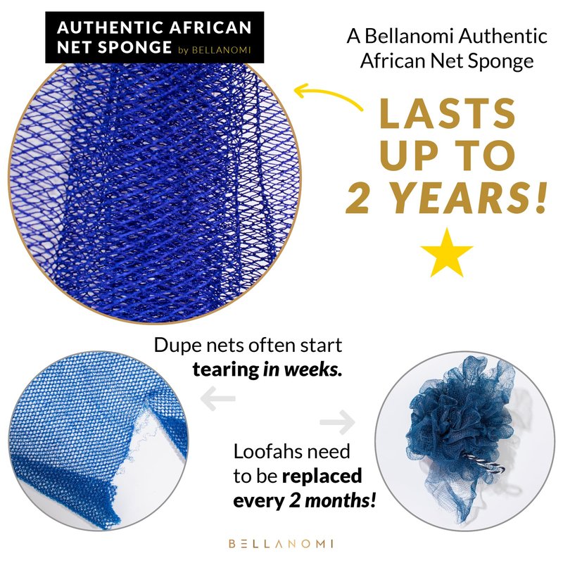 BELLANOMI African Exfoliating Net Sponge, Authentic, Ethically sourced from Nigeria, 45 inches Long, Back Scrubber for Daily use (Blush)