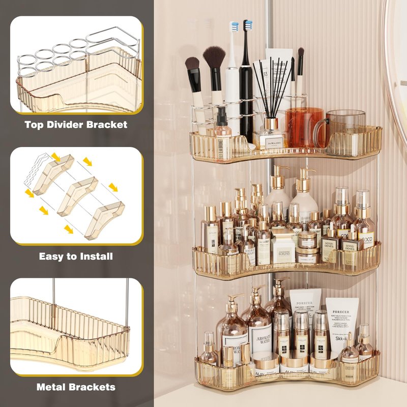 Asayuee 3-Tier Corner Bathroom Counter Organizer with Top Toothbrush Holders,Large Makeup Organizer Countertop with Brush Holder,Skincare Organizers Corner,Exquisite Vanity Organizer (Gold, 3 Tier)