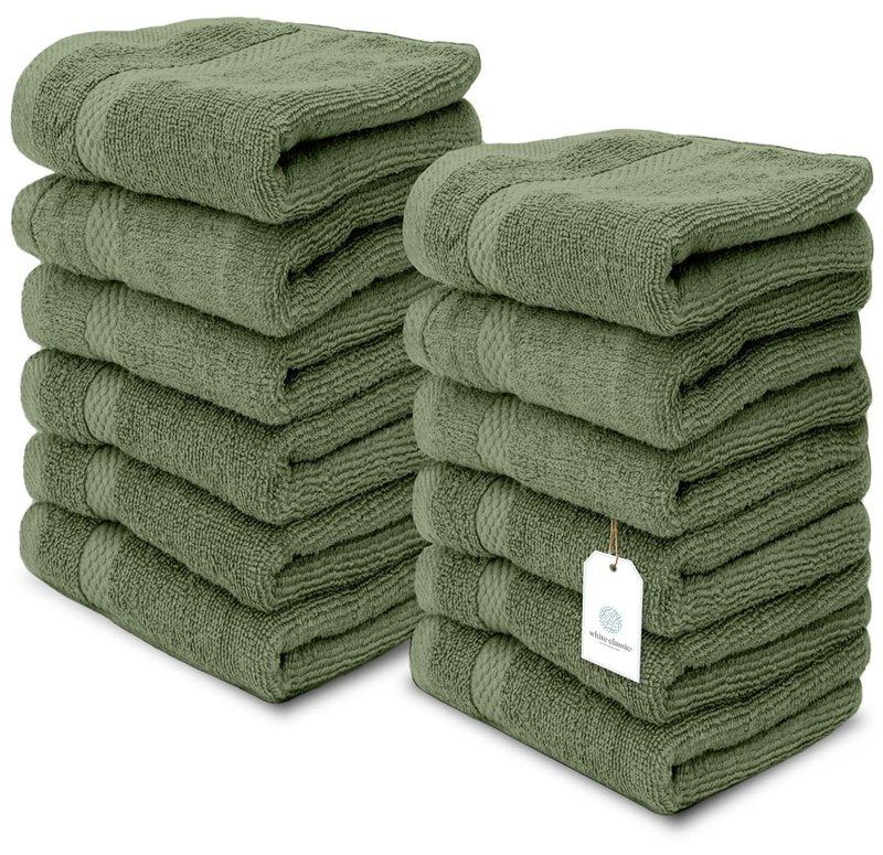 White Classic Luxury Cotton Washcloths 13x13 Inch - 650 GSM Turkish Cotton | Hotel, Spa, Bathroom Face Towel | 12 Pack, Forest Green