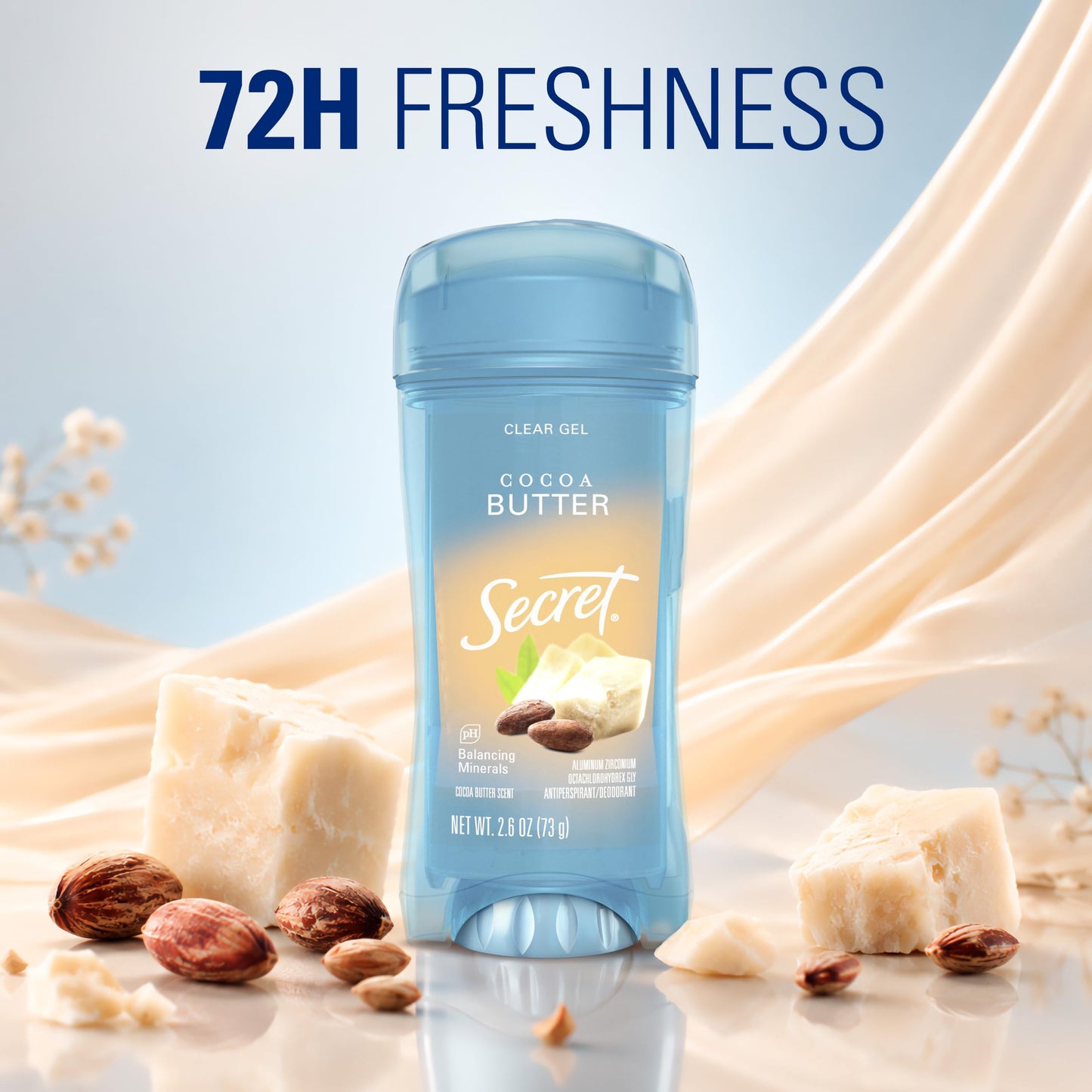 Secret Fresh Antiperspirant Deodorant for Women, 72hr Breathable Sweat & Odor Protection, Instant Freshness & Gentle, PH Balancing Minerals, Clear Gel, Cocoa Butter Scent, 2.6 oz