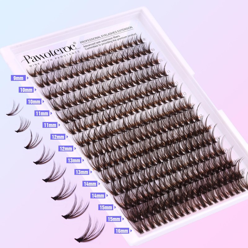 Pawotence Lash Extension Kit DIY 280pcs Brown Lash Clusters Eyelash Extension Kit 40D 9-16mm Individual Lashes Kit with Lash Bond and Seal Lash Tweezers for Self Use (Brown 40D, 9-16mm, Kit)