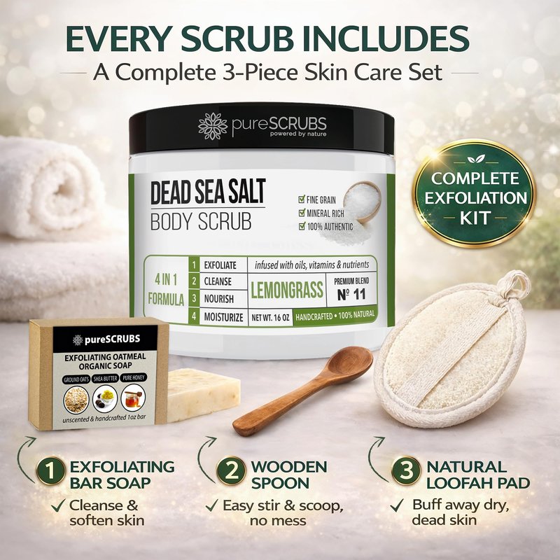 pureSCRUBS Premium Lemongrass Dead Sea Salt Body Exfoliator Scrub, Full Exfoliating Body Scrubber - Large 16oz Jar, Filled With Essential Oils, Includes Spoon, Loofah & Exfoliating Skin Soap