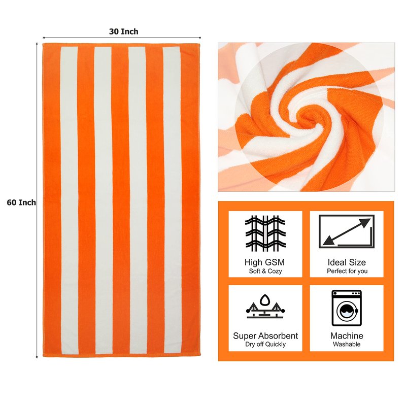 COTTON CRAFT Large Beach Towel -2 Pack-30x60-100% Cotton Terry - Pool Picnic Bath - Colorful Absorbent Light Weight Quick Dry Easy Care - Plush Soft Luxury Gift - 450 GSM- Cabana Stripe Orange White