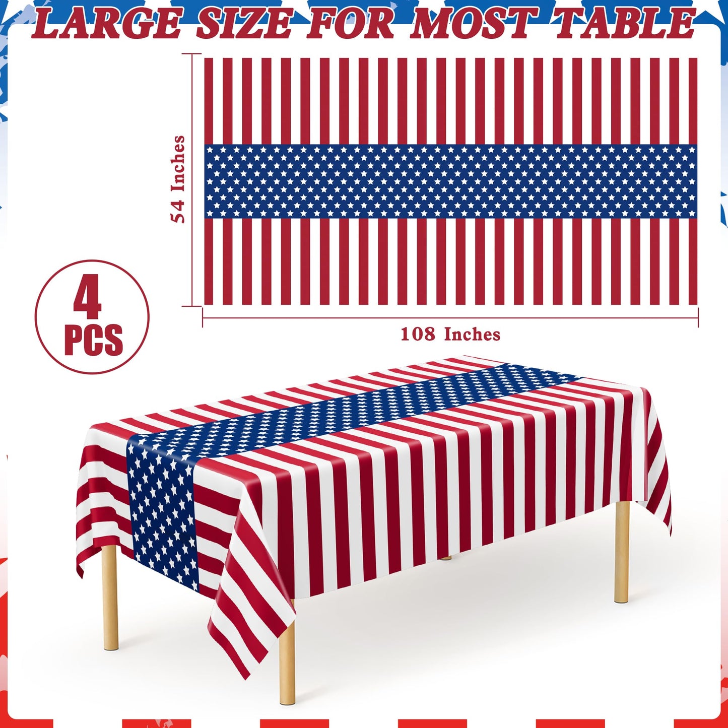 4 Pcs 4th of July Decorations, 108" X 54" Plastic 250th Anniversary 4th of July Tablecloths, Red White Blue Tablecover American Tablecover, Patriotic Table Cover Memorial Day Party Supplies for Kids