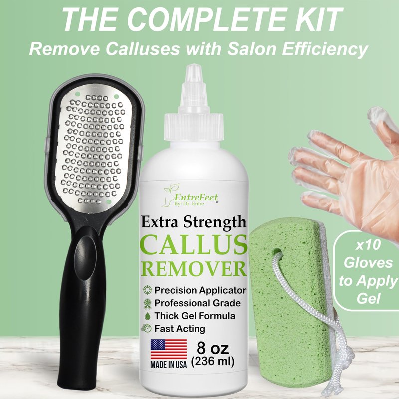 Dr. Entre's Callus Remover Gel Kit for Feet: Foot File, Pumice Stone, 5 Glove Pairs for Gel Application, Spa Kit, Foot Care, Pedicure Tools, Scrubber, 8oz