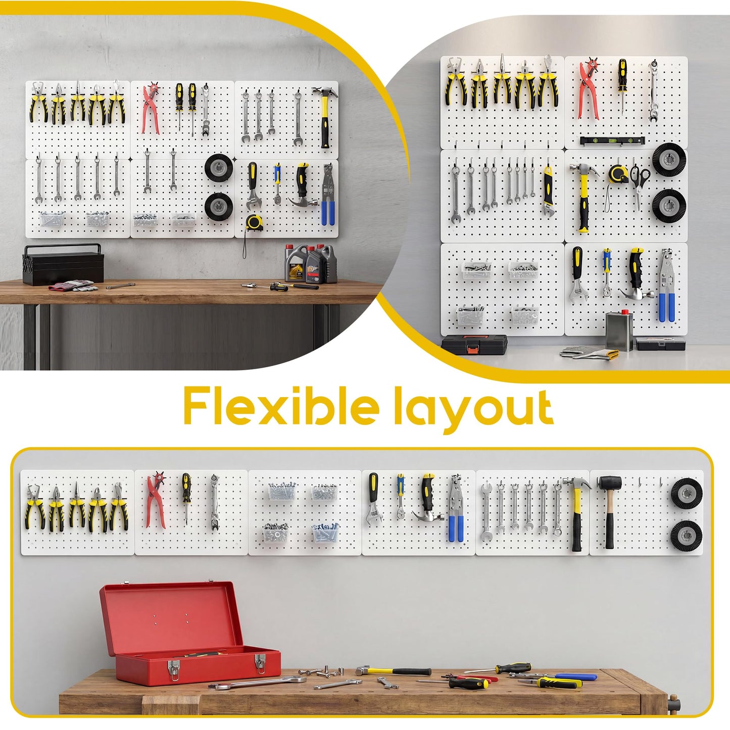 PHX Grove Peg Board for Tools, 6 Pack Metal Pegboard Wall Organizer with Hooks,12"×16" White Pegboard Panels for Walls Home, Garage Tool Storage, Kitchen, Office Organization, Craft Room