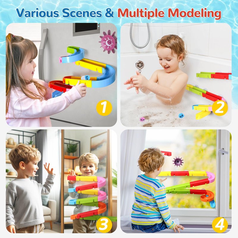 Fajiabao Toddler Bath Toys for Kids Ages 4-8 3-5 Educational Bath Toys with Spinner & Marble Run Water Track Slide Set Shower & Bathtub Toys for Kids Ages 4-8 7 6 Creative STEM Gift for Boys Girls
