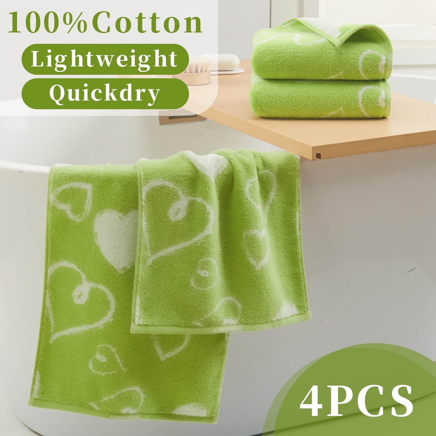 VOOVA & MOVAS 4 Pcs Green Hand Towels with Heart Pattern (13"X28"),100% Cotton - Ultra-Absorbent, Quick-Dry & Lightweight | Face Towels | Soft, Plush Decoratice Towel Set
