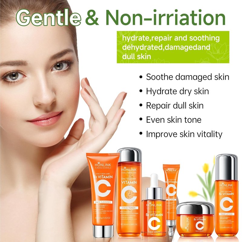 Glown 6-Piece Hydrating Skincare Set - Vitamin C & Niacinamide | Complete Face & Body Care Kit