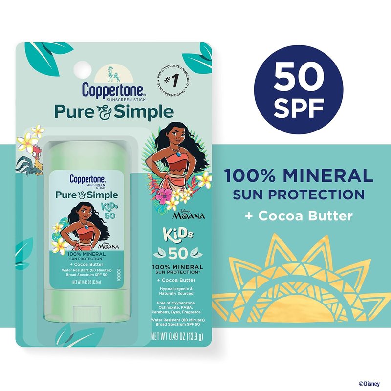 Coppertone Pure & Simple Kids Sunscreen Stick SPF 50 | Hypoallergenic, Mineral, Water-Resistant, 0.49 Oz