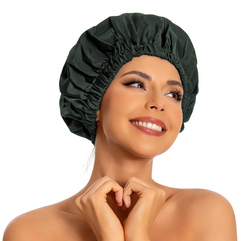 Reusable Shower Cap for Women, Large Waterproof Shower Bonnet with Elastic Band, Washable Bath Hair Cap for Long, Curly Hair, Braids, Daily Shower, Home Spa, Travel(Dark Green)