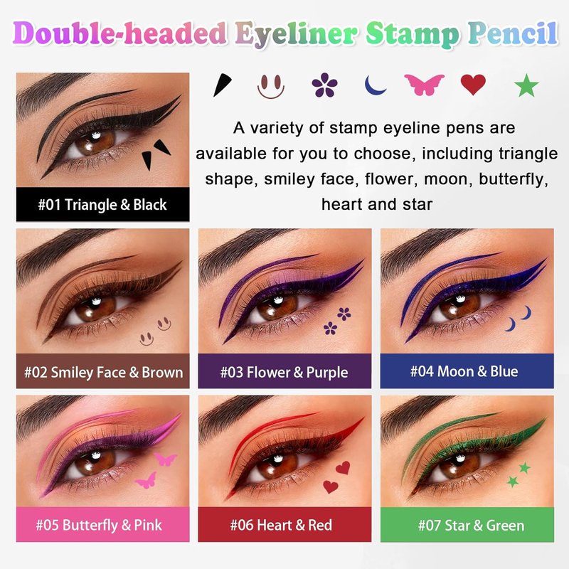 Double-Headed Eyeliner Stamp Set - 7 Colors Waterproof & Smudgeproof Liquid Winged Eyeliner for Flawless Eye Makeup