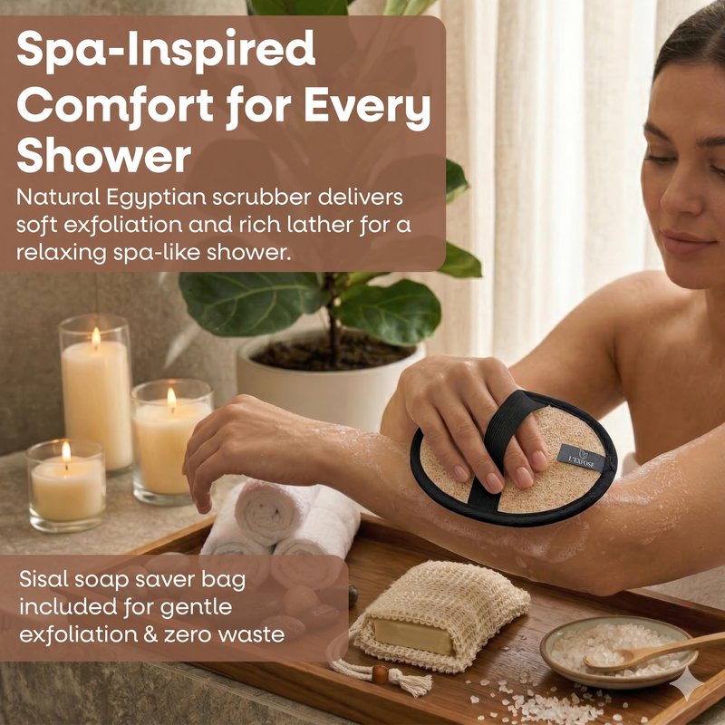 L'Exfose Organic Natural Loofah Body Scrubber for Shower – Dual Sided Egyptian Fiber Plastic Free Loofah – Quick Dry Natural Body Scrubber with Sisal Soap Saver Bag – Minimal Spa Gift for Men Women